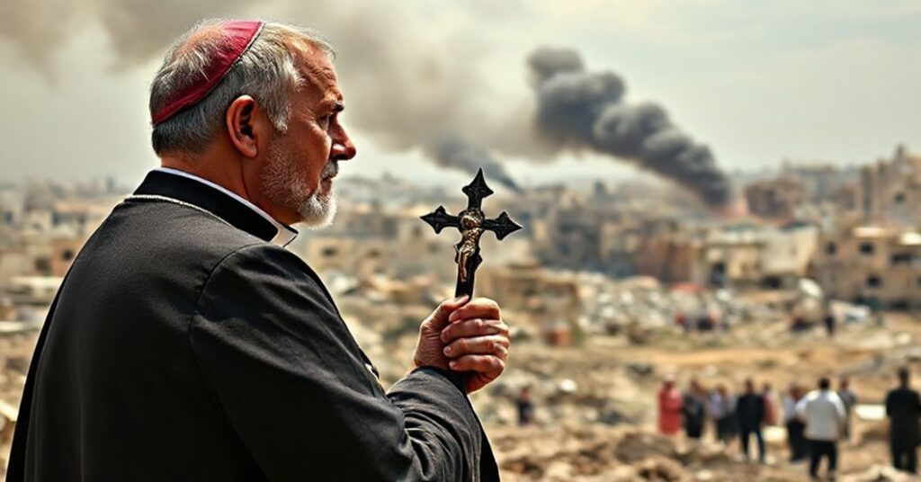 Kleryk w tradycyjnych szatach stoi przed zniszczonym krajobrazem w Strefie Gazy, trzyma krzyż i patrzy na ruinę z głębokim smutkiem.