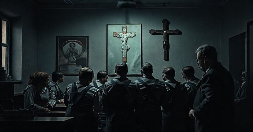 Scena przedstawiająca wyzysk pracowników w Polsce współczesnej w tradycyjnym katolickim kontekście