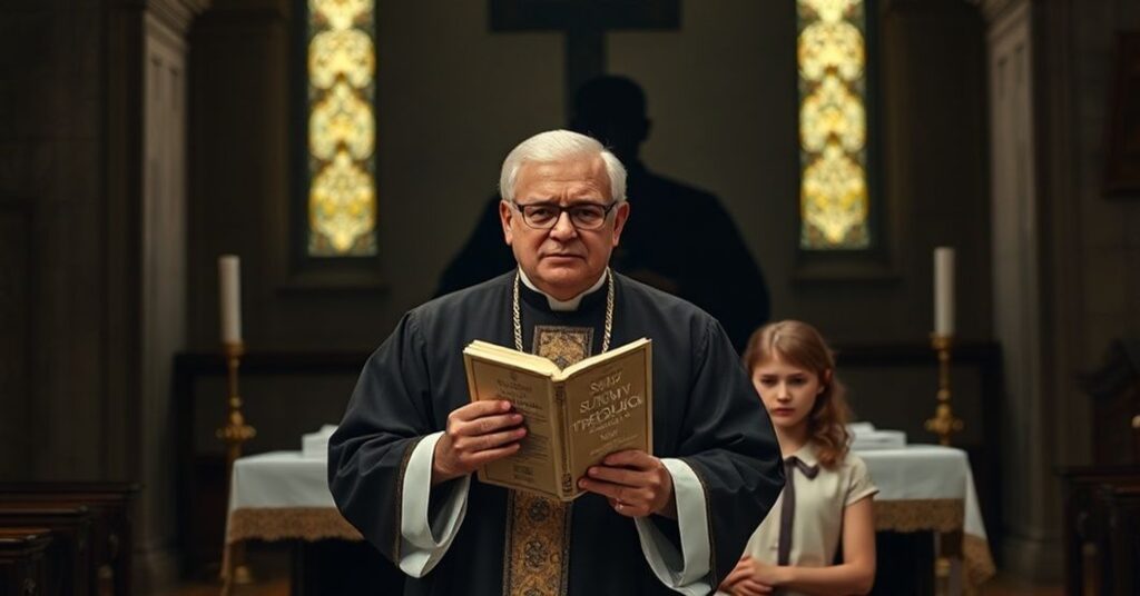 Prawdziwy katolicki ksiądz w tradycyjnych szatach liturgicznych stoi przed ołtarzem z poważnym wyrazem twarzy, trzymając egzemplarz Sumy Teologicznej św. Tomasza z Akwinu. W tle widoczny jest ciemny symbol ideologii genderowej zagrażający moralności. Scena jest oświetlona ciepłym światłem, podkreślającą kontrast między wiarą a nowoczesnym buntem.