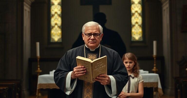 Prawdziwy katolicki ksiądz w tradycyjnych szatach liturgicznych stoi przed ołtarzem z poważnym wyrazem twarzy, trzymając egzemplarz Sumy Teologicznej św. Tomasza z Akwinu. W tle widoczny jest ciemny symbol ideologii genderowej zagrażający moralności. Scena jest oświetlona ciepłym światłem, podkreślającą kontrast między wiarą a nowoczesnym buntem.