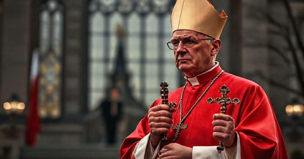 Biskup katolicki przed budynkiem rządowym w Polsce, trzymający krzyż podczas rozważania politycznych decyzji Radosława Sikorskiego.