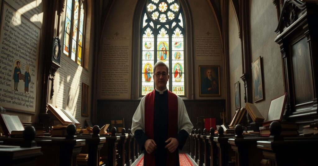 Tradycyjny katolicki scenariusz przedstawiający spór między prawdziwą religią a teoriami modernistycznymi. Matthew McCusker stoi w historycznym kościele otoczony starodawnymi manuskryptami i artefaktami.