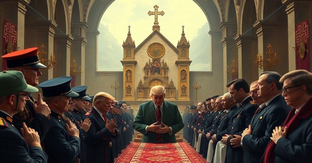 Obraz przedstawiający katolicką perspektywę sporu o Grenlandię, z akcentem na braku uwzględnienia wartości duchowych przez światowe mocarstwa.