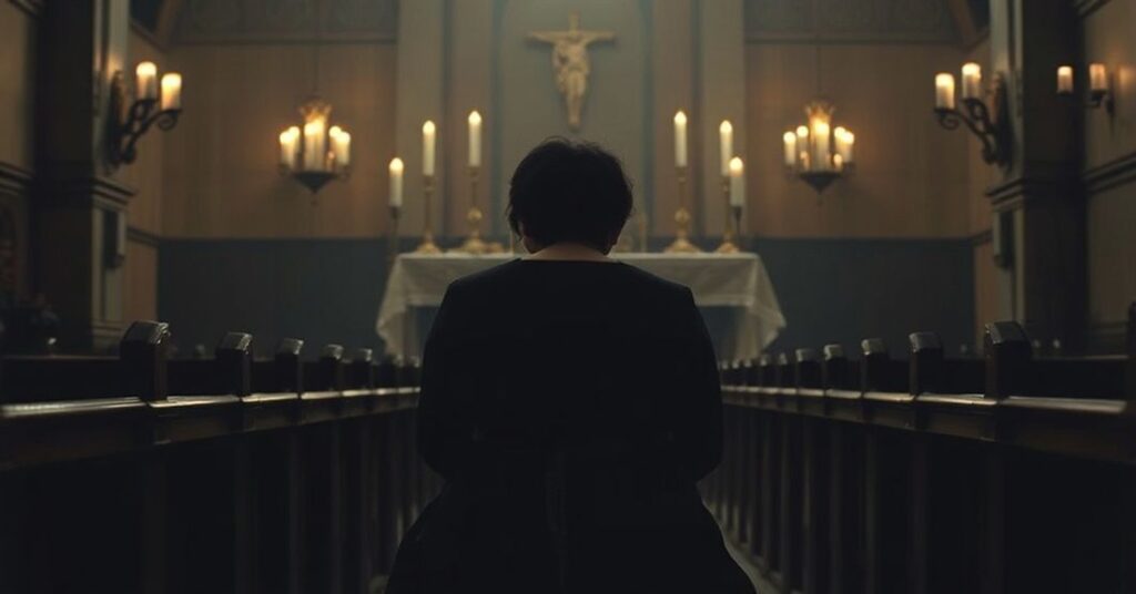 Płacząca matka w kościele, trzymająca różaniec, symbolizująca moralny upadek surogacji