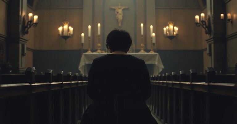 Płacząca matka w kościele, trzymająca różaniec, symbolizująca moralny upadek surogacji