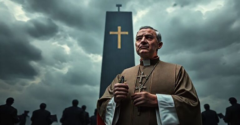 Katolicki ksiądz w tradycyjnych szatach stoi przed technologicznym wieżą nadzoru, symbolizując walkę z globalnym technokratycznym kontrolą.