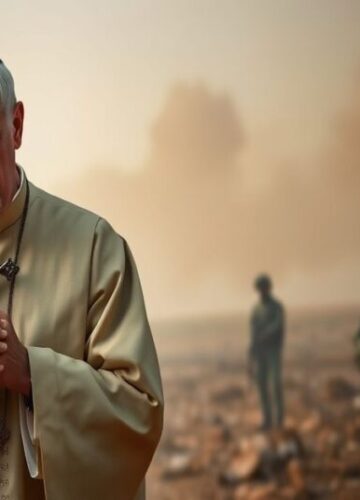 Brak refleksji katolickiej nad wojną - analiza artykułu Oblężony kraj z wyglądem na wojnę w tle, katolicki ksiądz w ornaty trzyma krzyż przed zniszczeniami, symbolizuje brak moralnej refleksji w artykule.