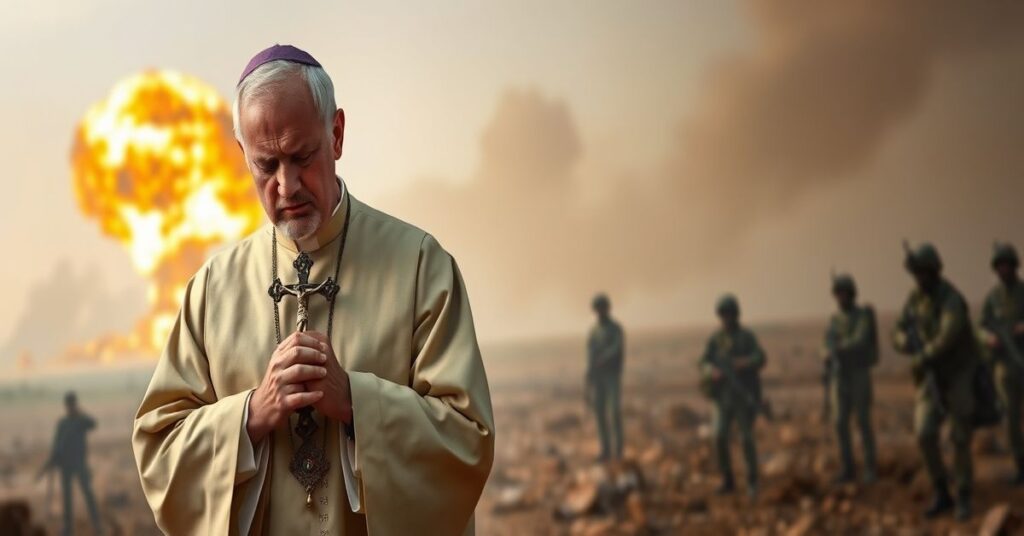 Oblężony kraj z wyglądem na wojnę w tle, katolicki ksiądz w ornaty trzyma krzyż przed zniszczeniami, symbolizuje brak moralnej refleksji w artykule.
