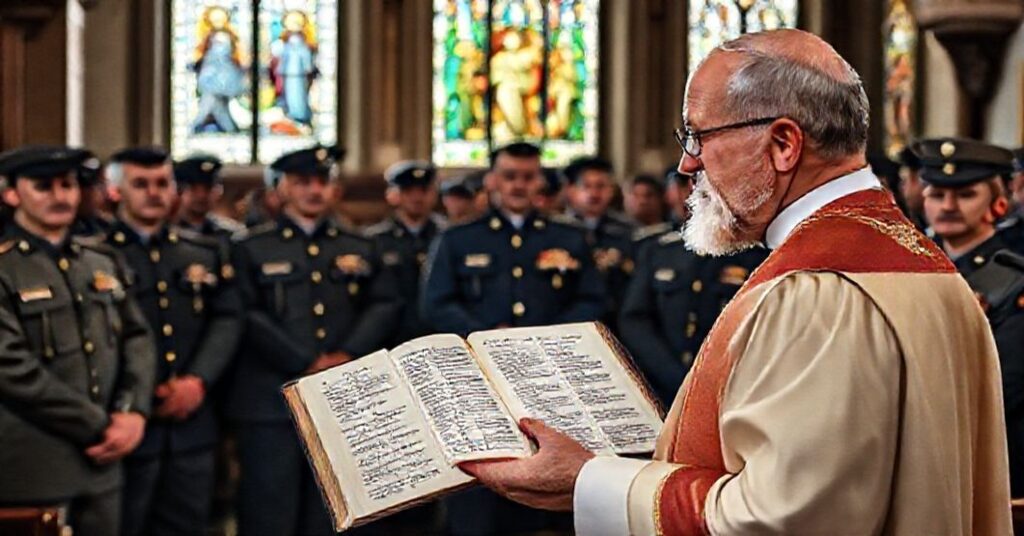 Ksiądz w tradycyjnych szatach liturgicznych przemawia do żołnierzy w kaplicy wojskowej przed witrażem przedstawiającym Chrystusa Króla.