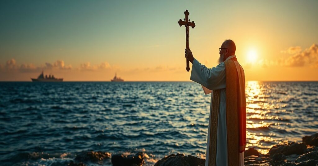 Ksiądz katolicki z krzyżem stojący na wybrzeżu Wysp Czagos wobec blokady wojskowej.