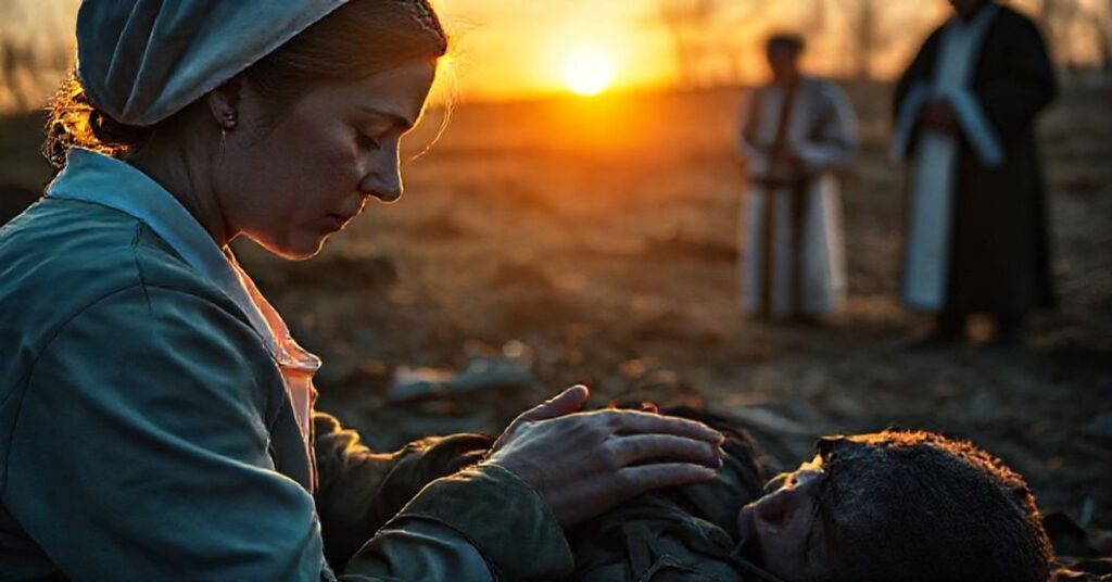 Pielęgniarka katolicka modli się nad rannym żołnierzem na ukraińskim froncie