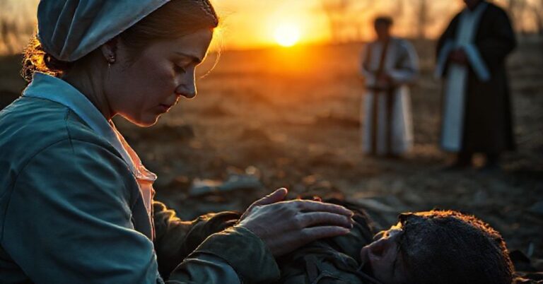 Pielęgniarka katolicka modli się nad rannym żołnierzem na ukraińskim froncie