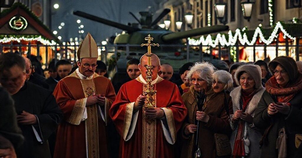 Pielgrzymka katolicka przed barierami antyczołgowymi na niemieckim jarmarku bożonarodzeniowym