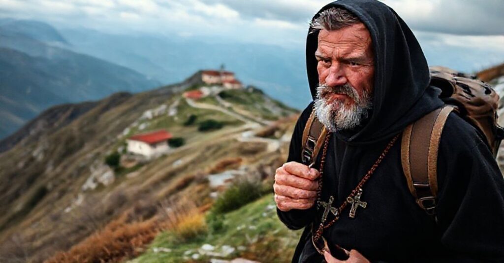 Katolicki pielgrzym idący górską ścieżką z różańcem i krzyżykiem, z widokiem klasztoru w tle