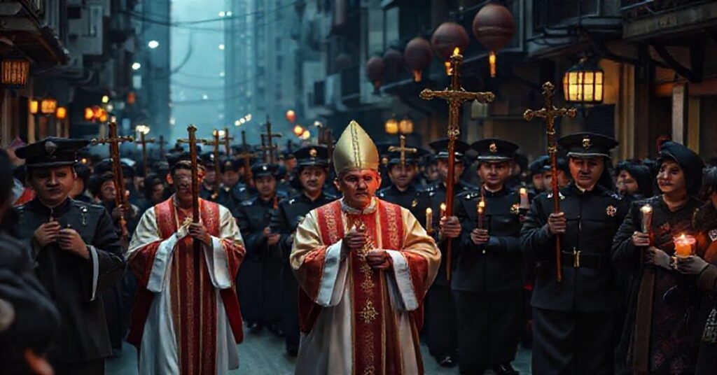 Pielgrzymka katolicka w Hongkongu pod przewodnictwem biskupa w stroju liturgicznym, z tłumem wierzących trzymających krzyże i świece. Na tle stoją chińscy urzędnicy w mundurach symbolizujący ucisk. Scena rozgrywa się na słabo oświetlonej ulicy z tradycyjną architekturą chińską, odzwierciedlając napięcie między wiarą a tyranią.
