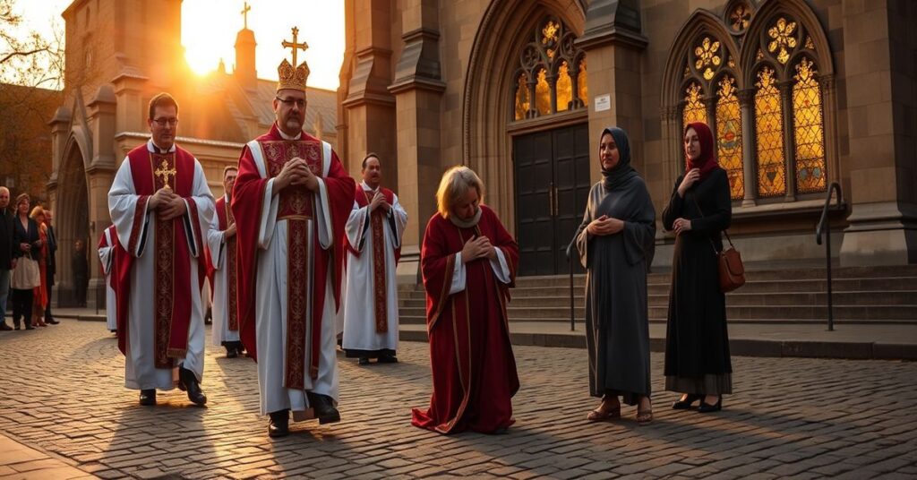 Pielgrzymka katolicka z monstrancją na głowie tradycyjnego księdza podczas procesji w staromiejskiej ulicy.