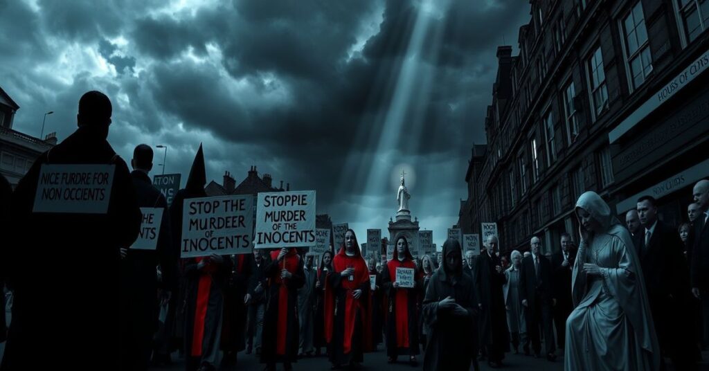 Pielgrzymka katolicka w tradycyjnych szatach modlących się na ulicach Londynu przed statuą Matki Bożej Bolesnej podczas burzy