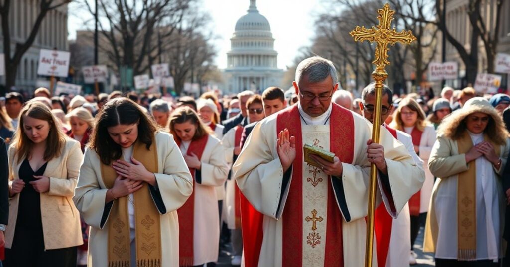 Pielgrzymka katolicka podczas Marszu dla Życia w Waszyngtonie z monstrancją i modlącymi się wiernymi