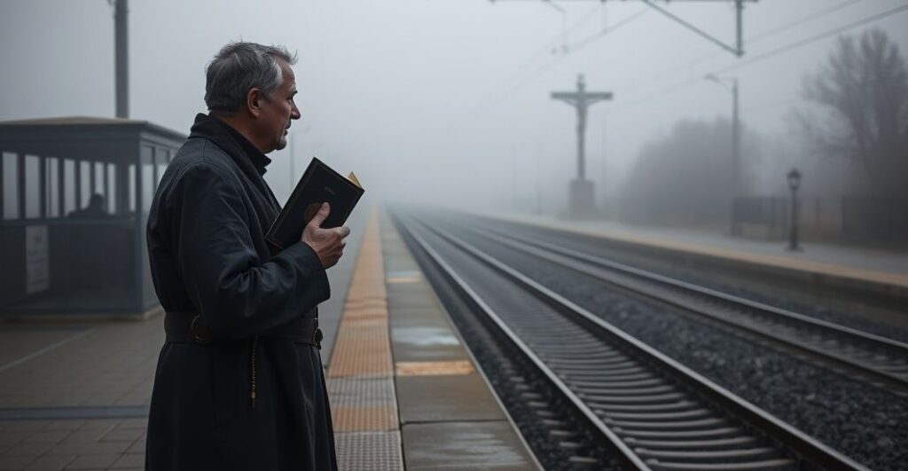 Katolicki pielgrzym stojący samotnie na mgliściej stacji kolejowej, trzymający różaniec i modlitewnik, patrzący w kierunku krucyfiksu oświetlonego pojedynczym latarnią, symbolizujący duchowe podróże.