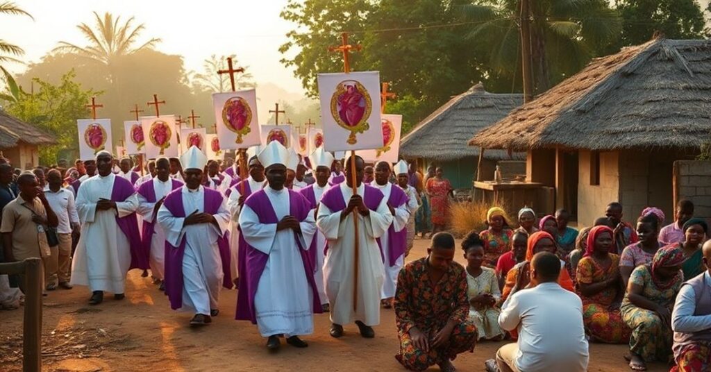 Pielgrzymka katolicka w Nigerii z duchownymi w białych szatach i fioletowych pelerynach