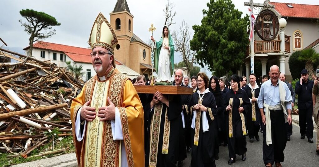 Pielgrzymka katolicka w Portugalii po katastrofie klimatycznej z kapłanem w tradycyjnych szatach liturgicznych i wiernymi niosącymi figurę Matki Boskiej z Fatimy na tle zrujnowanych kościołów i przewróconych drzew.