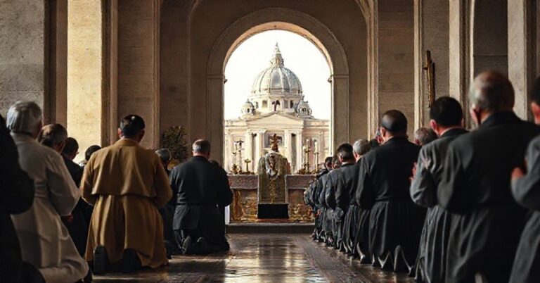 Grupa katolicka modli się przed ołtarzem z krzyżem i świecami z widokiem na bazylikę św. Piotra na tle. Scena wypełniona jest cichością i wiarą.
