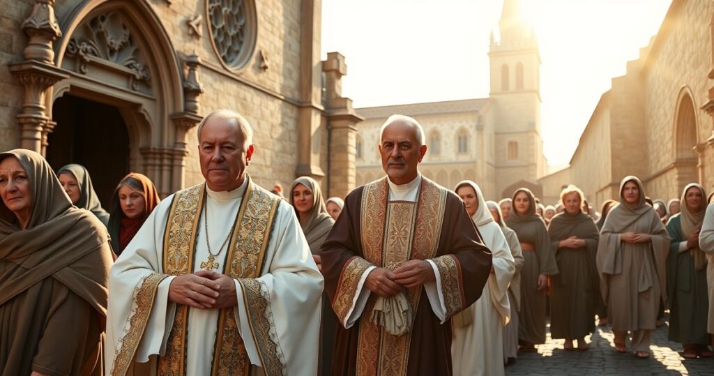 Obraz realistycznej pątniczej grupy katolickiej z kapłanem w szatach liturgicznych, idących w procesji przy zabytkowym kościele, pokój i oddanie w twarzach, naturalne światło, brak symboli czy surrealizmu.