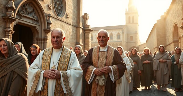 Obraz realistycznej pątniczej grupy katolickiej z kapłanem w szatach liturgicznych, idących w procesji przy zabytkowym kościele, pokój i oddanie w twarzach, naturalne światło, brak symboli czy surrealizmu.