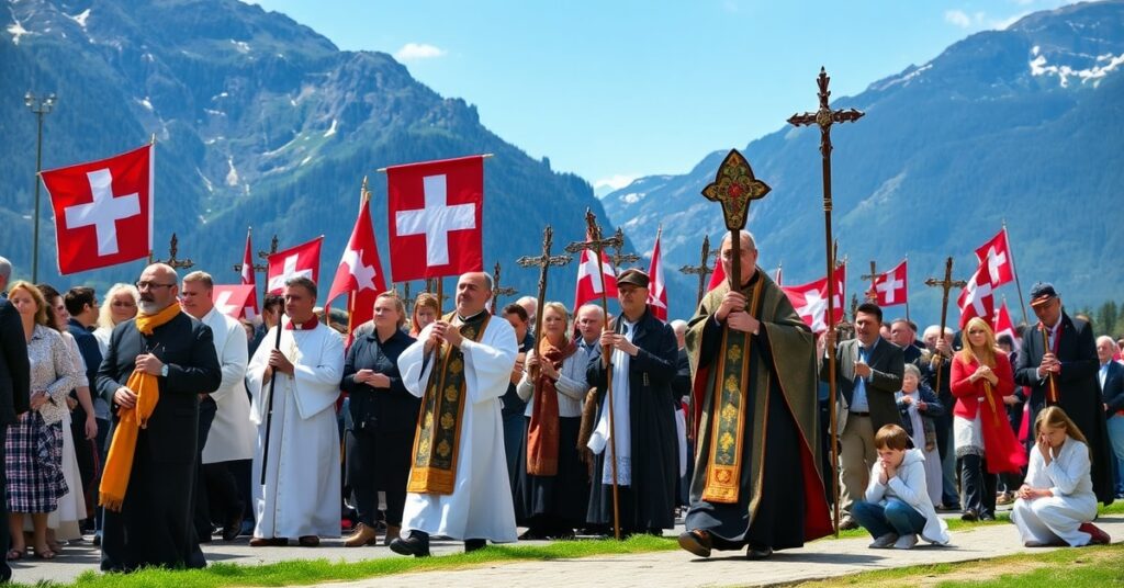 Pielgrzymka katolicka w Szwajcarii z kapłanem i wiernymi pod krzyżami i chorągiewkami religijnymi na tle Alp
