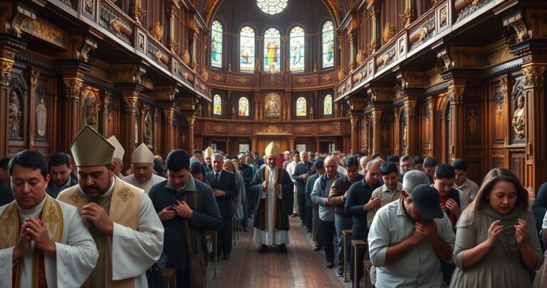 Rekolekcja katolicka w tradycyjnym kościele, duchowa pielgrzymka, modlitwa, kapłani w vestmentach, wierni w głębokim skupieniu, wyraźny szacunek dla katolickiej tradycji.
