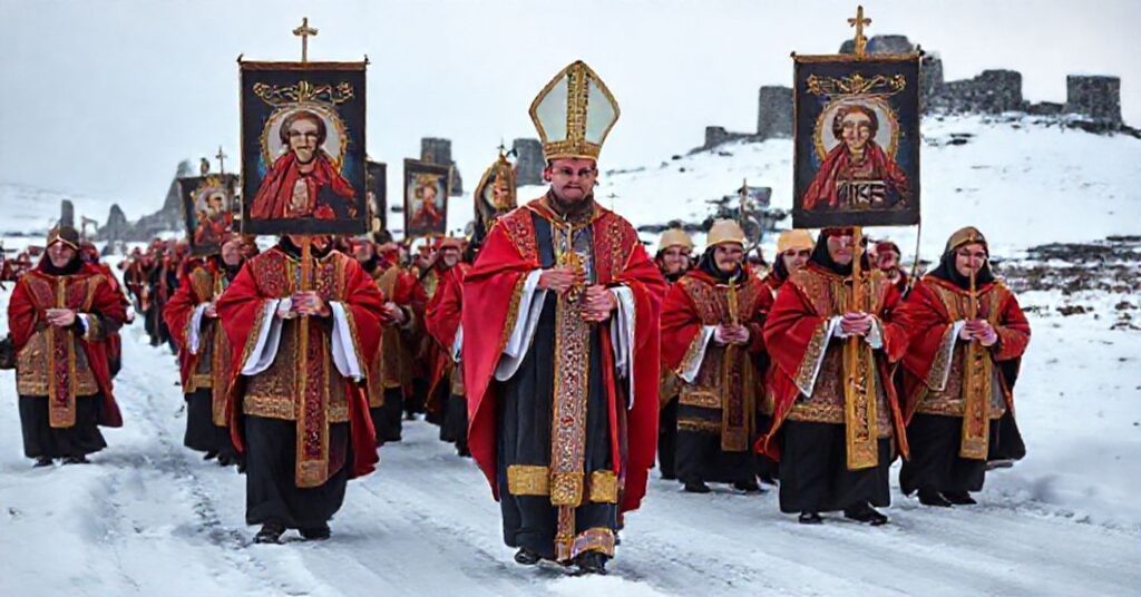 Pielgrzymka katolicka w Grenlandii z biskupem i uczestnikami w tradycyjnych strojach, podkreślająca duchową suwerenność Chrystusa nad władzą świecką.