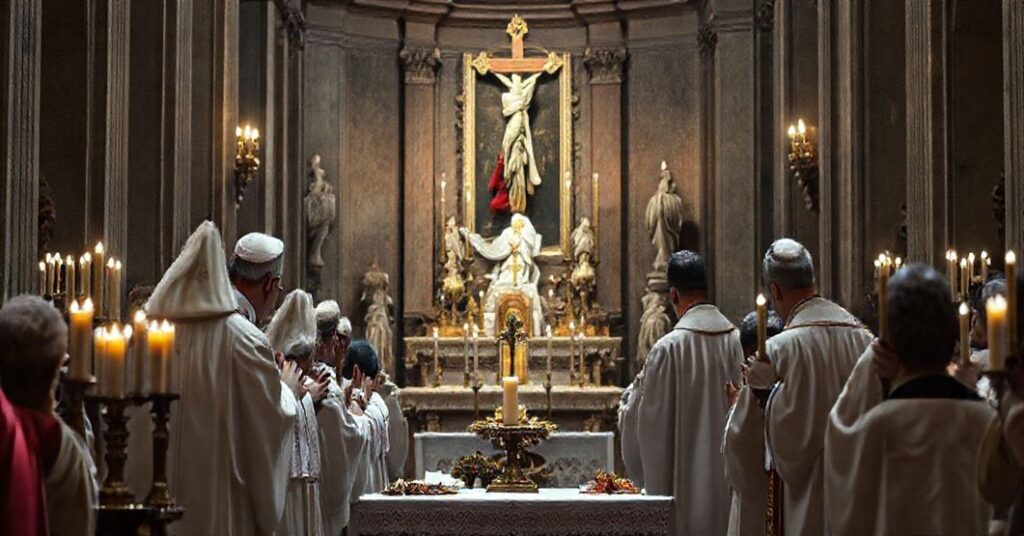 Grupa tradycyjnych katolików modli się na romańskiej pielgrzymce przed tradycyjnym ołtarzem w historycznej rzymskiej świątyni