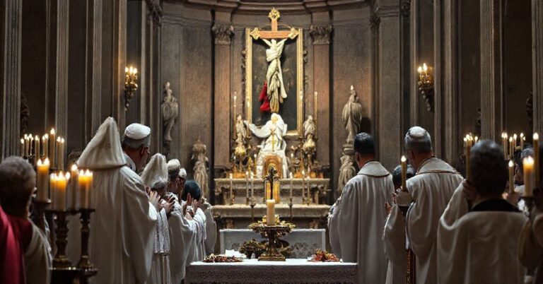 Grupa tradycyjnych katolików modli się na romańskiej pielgrzymce przed tradycyjnym ołtarzem w historycznej rzymskiej świątyni