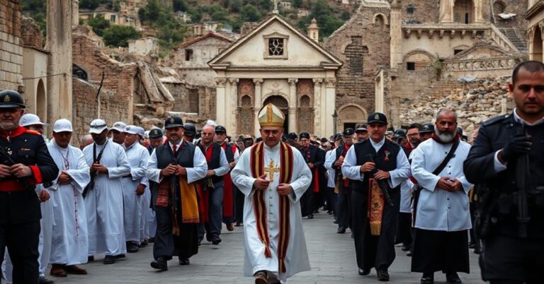 Procesja katolicka w Turcji w obecności wiernych pod obserwacją strażników z tłem ruin dawnych kościołów