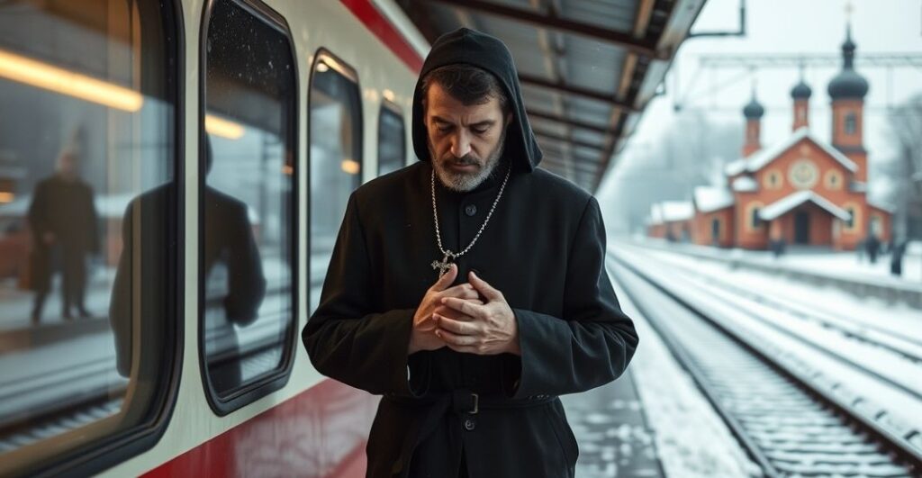 Katolicka pielgrzymka w zimowym krajobrazie - odmawianie różańca na dworcu kolejowym