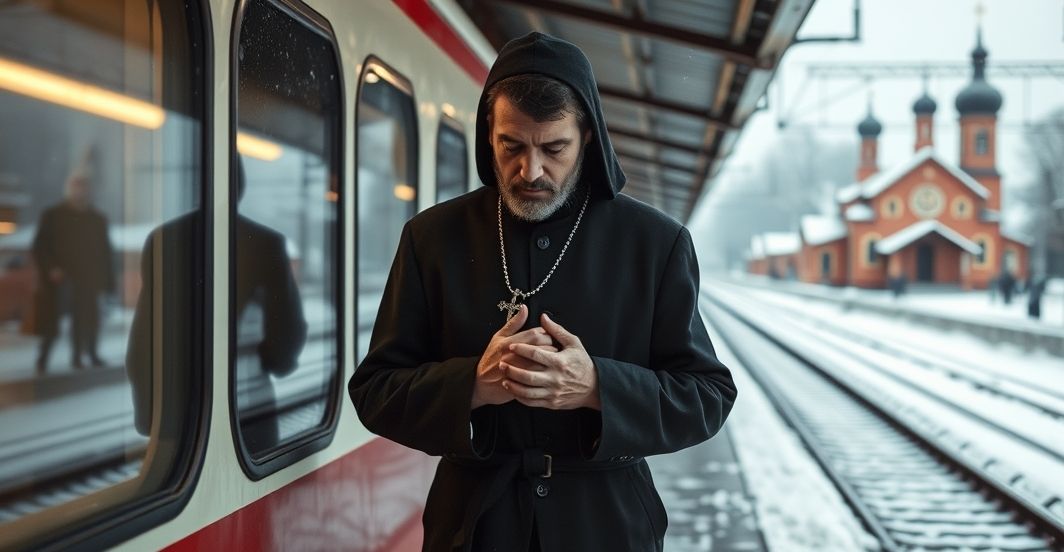 Katolicka pielgrzymka w zimowym krajobrazie - odmawianie różańca na dworcu kolejowym