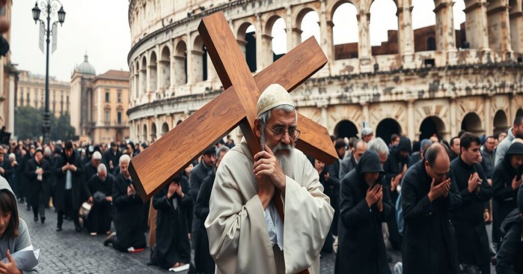 Pielgrzymka katolicka podczas Wielkiego Piątku przed Koloseum w Rzymie