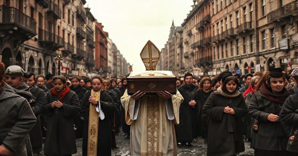 Pielgrzymka katolicka z relikwiami Marta w tle zniszczonego miasta europejskiego