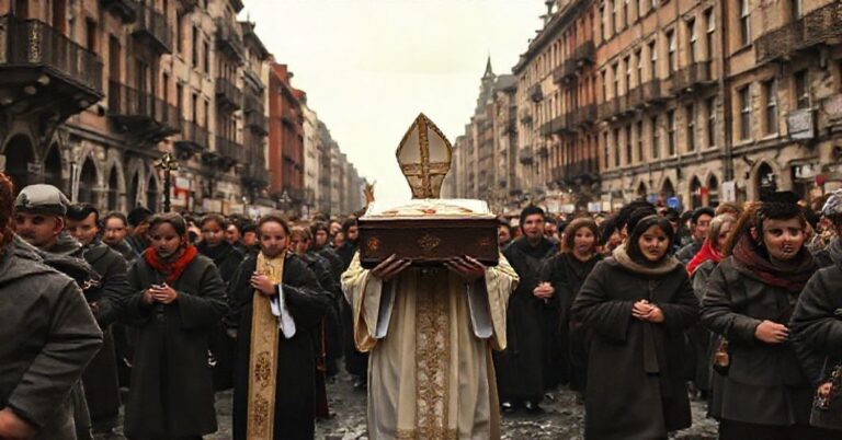 Pielgrzymka katolicka z relikwiami Marta w tle zniszczonego miasta europejskiego