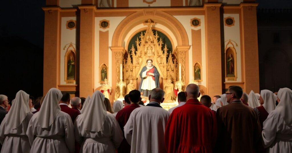 Grupa katolików w tradycyjnych strojach religijnych przed historycznym kościołem w Gorzowie Wielkopolskim podczas obchodów Święta Ofiarowania Pańskiego