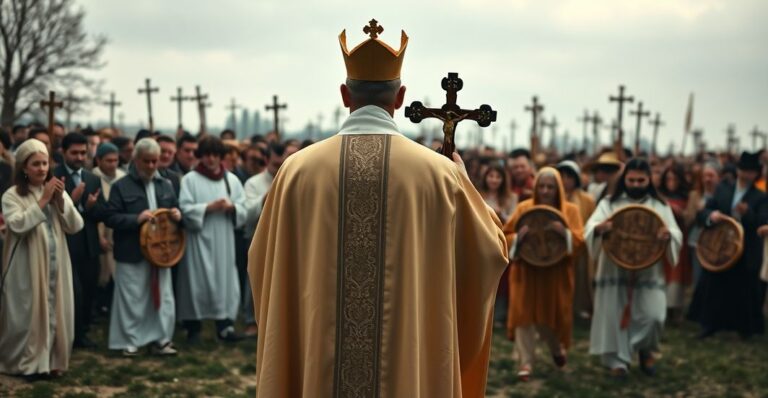 Koncepcja katolickiego przestrzegania wiary w porównaniu z nowoczesnymi, modernistycznymi zbierami Lednickich, ukazująca tradycyjnego księży w pełnym stroju liturgicznym wobec chaosu nowoczesnej praktyki religijnej.