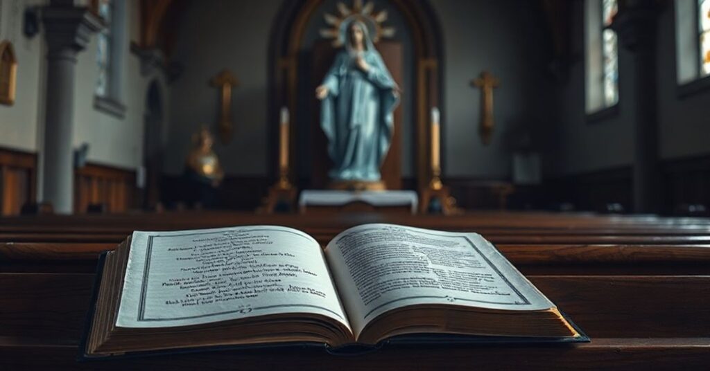 Tradycyjny kościół katolicki z rzeźbą Matki Boskiej i otwartą księgą modlitw na ławce