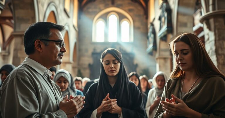 Grupa pobożnych katolików modlących się w świątyni, wyrażających głęboką wiarę i pokorę, w tradycyjnych strojach, z różańcami w dłoniach