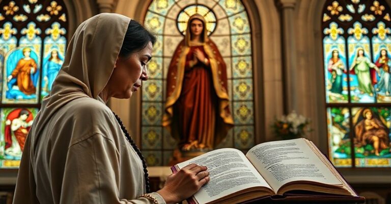 Zaufany katolik modlący się przed statuą Matki Boskiej z tradycyjnymi tytułami maryjnymi