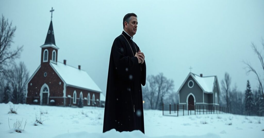 Tradycyjna katolicka scena snowego krajobrazu z kościołem na tle podkreślająca kontrast pomiędzy prognozą meteorologiczną a boską opieką.