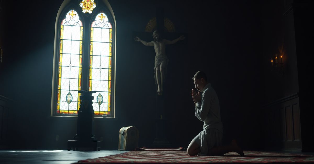 Tradycyjna katolicka scena przedstawiająca pokutującego człowieka przed krzyżem