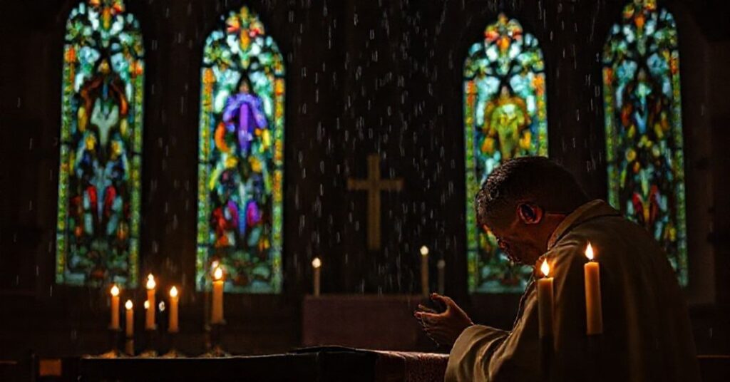 Mężczyzna modlący się w ciemnym kościele podczas powodzi, symbolizujący duchowy smutek i pokutę