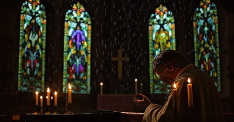 Mężczyzna modlący się w ciemnym kościele podczas powodzi, symbolizujący duchowy smutek i pokutę