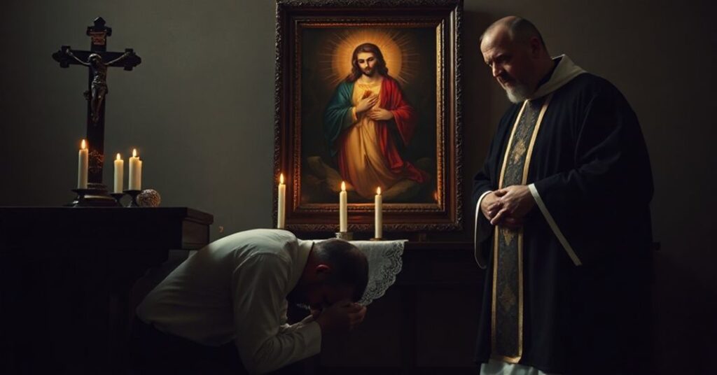 Tradycyjna scenka z wyznania katolickiego przedstawiająca pokutującego wiernego w konfesjonałe z kapłanem słuchającym poważnie.