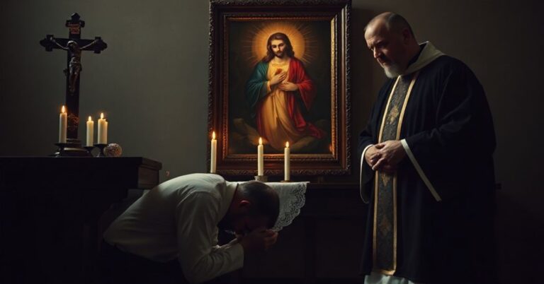 Tradycyjna scenka z wyznania katolickiego przedstawiająca pokutującego wiernego w konfesjonałe z kapłanem słuchającym poważnie.